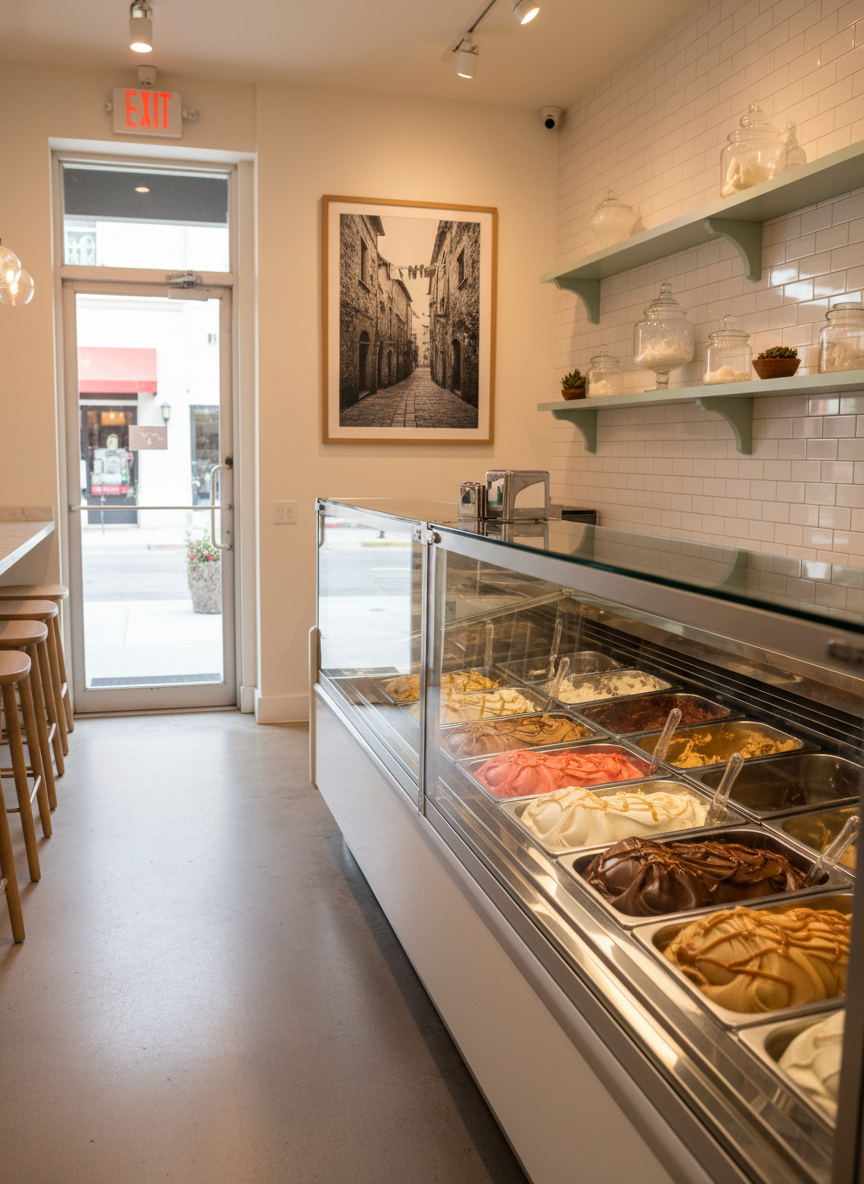 The interior of an upscale gelato parlor on St. Pete’s South Side, captured in photographic realism from the entrance looking inward. A gleaming glass display case runs along the right, filled with meticulously arranged stainless-steel pans of gelato in muted, natural colors—hazelnut, blood orange, dark chocolate, sea-salt caramel—each surface sculpted into silky waves. Behind the case, a backdrop of white subway tile and pale sea-glass green shelving subtly nods to coastal Florida, while a framed black-and-white photo of an old Italian streetscape hints at heritage. Warm, diffused ceiling lighting and soft natural light from the street create an inviting glow. The mood is sophisticated yet welcoming, with a balanced composition and sharp focus throughout to showcase the parlor’s clean, refined aesthetic.