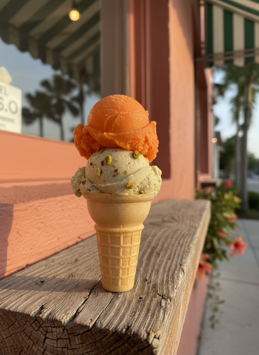An intimate close-up of a single artisanal gelato cone resting on a small, weathered cypress wood ledge just outside a storefront window, evoking Old Florida charm. The cone is crisp and golden, holding two perfectly rounded scoops—creamy pistachio on the bottom and vibrant blood orange sorbet on top, with tiny ice crystals catching the light. Behind it, softly blurred, is the tasteful exterior of a South St. Petersburg gelato parlor, with muted coral stucco, a striped awning in sage and ivory, and a hint of tropical greenery. Late afternoon golden-hour sunlight illuminates the gelato’s surface and warms the textures of the wood and stucco. Photographic realism, shot from a slightly low angle, creates a refined yet relaxed coastal ambiance.