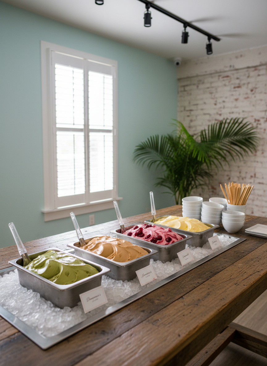 A refined wholesale presentation of gelato for event planners, arranged on a long, reclaimed-wood table inside a stylish, coastal-inspired back room of the parlor. Several sleek stainless-steel pans of gelato in classic Italian flavors—pistachio, gianduja, amarena cherry, and limoncello—are lined up on crushed ice, their surfaces smooth and glossy. Beside them, minimalist ceramic tasting bowls and elegant bamboo serving paddles are neatly arranged. The setting hints at Old Florida with pale aqua walls and a louvered window that lets in soft, diffused daylight, complemented by discreet track lighting overhead. Photographic realism, captured from a slightly elevated angle with moderate depth of field, creates a calm, professional, and sophisticated mood, ideal for conveying Domenico’s capacity for upscale wholesale and event catering.