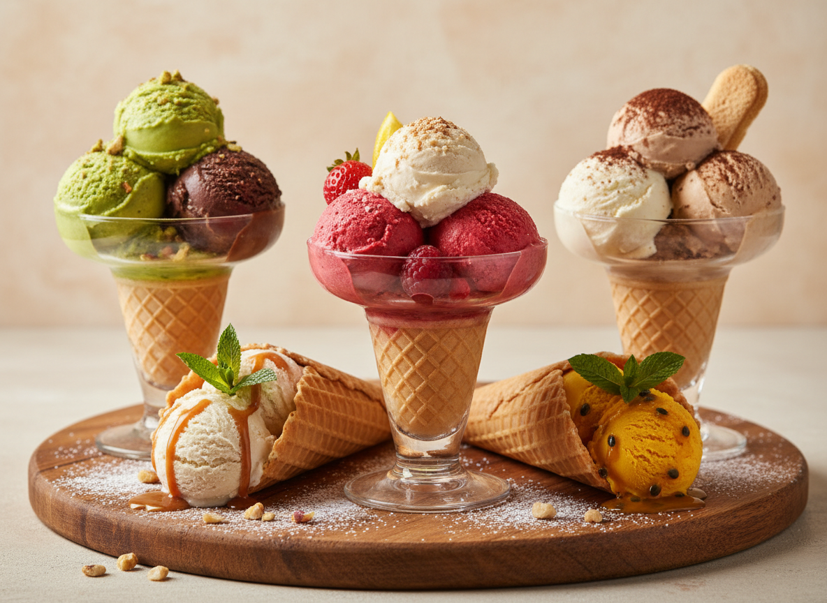 Close-up photograph of delicious artisanal Italian gelato scoops in elegant cups and waffle cones on a simple neutral background, no storefronts, no people, no visible branding or signage