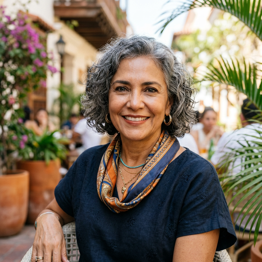 Smiling mature woman with curly gray hair wearing a blue shirt and patterned scarf at outdoor cafe