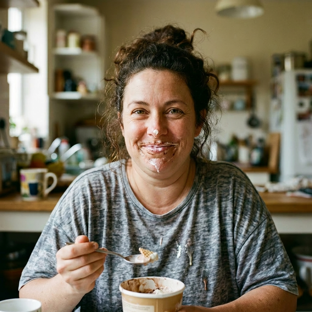 Woman eating ice cream with some on her face, smiling