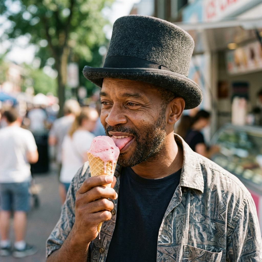 Black man in top hat licking strawberry cone