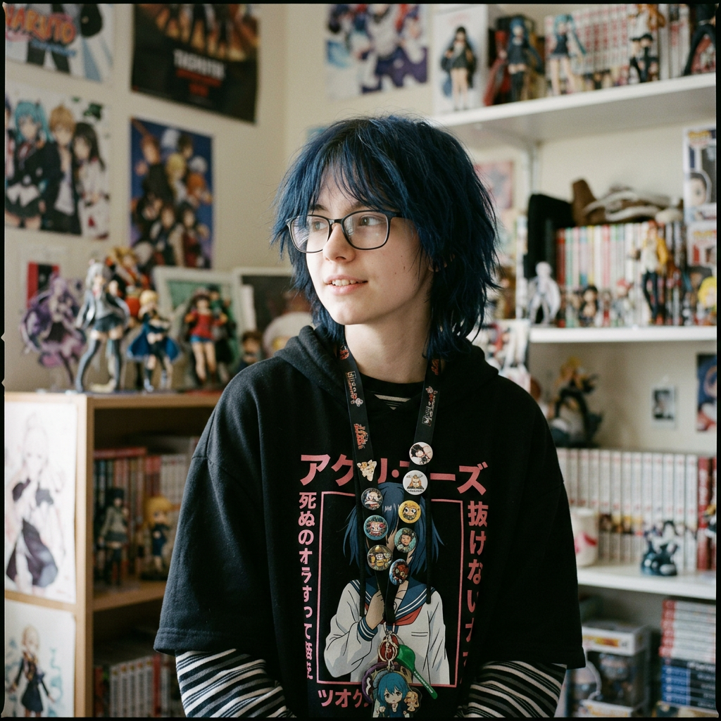 Young person with blue hair wearing anime-themed clothing and glasses in a room filled with anime posters, figurines, and manga books